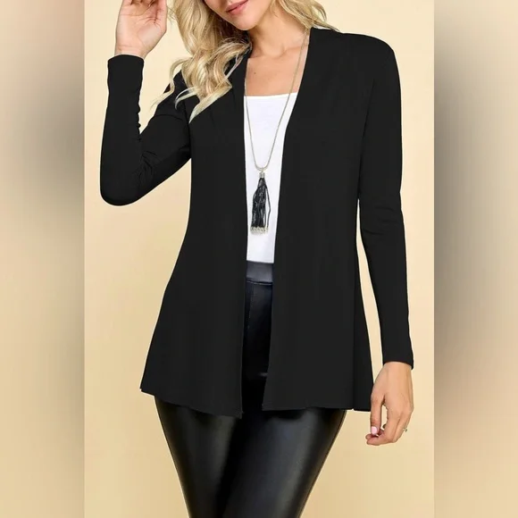 Open Front Drape Lightweight Duster High Low Hem Long Sleeve Cardigan -black - Picture 2 of 7